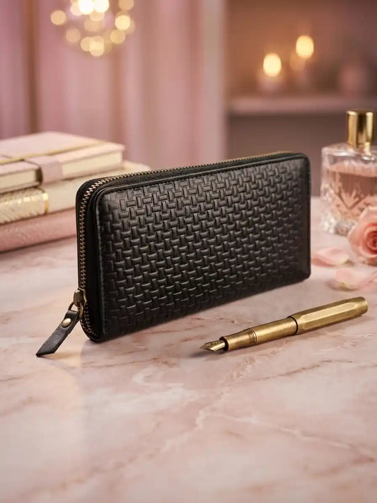 Women's Black Woven Leather Zip Wallet – Handcrafted in Pakistan