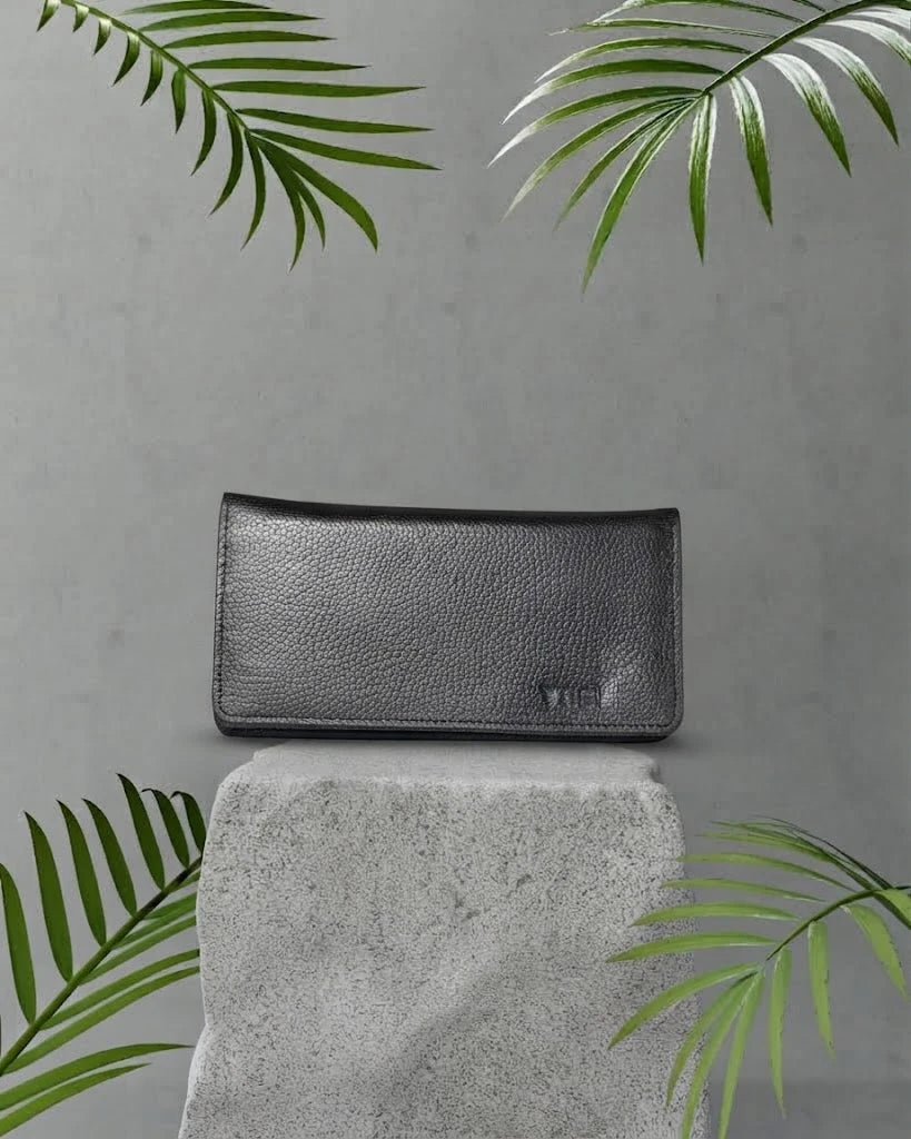 Women's Black Leather Long Wallet with Button Closure