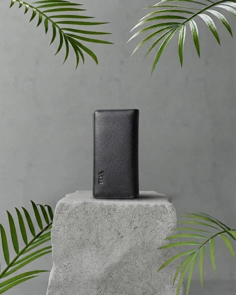 Women's Black Leather Long Wallet with Button Closure