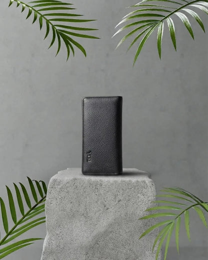 Women's Black Leather Long Wallet with Button Closure