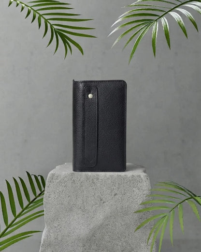 Women's Black Leather Long Wallet with Button Closure