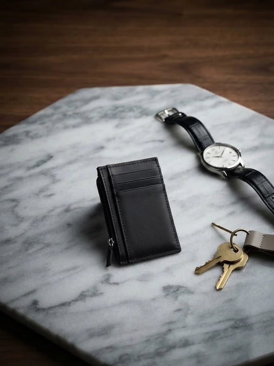 Black Leather Zipper Card Holder Wallet for Men | Slim & Compact | RB Store