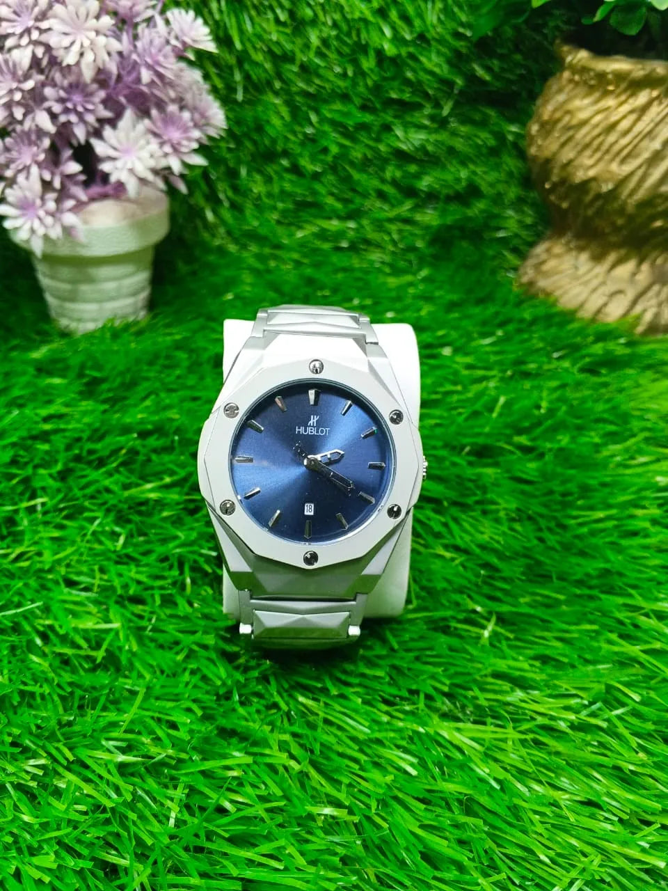 Men’s Diamond Cut Octagon Bezel Stainless Steel Watch