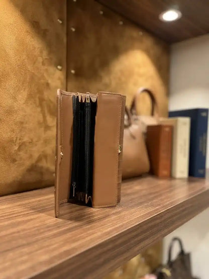 Tan Brown Crocodile Leather Long Wallet for Women