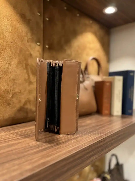 Tan Brown Crocodile Leather Long Wallet for Women