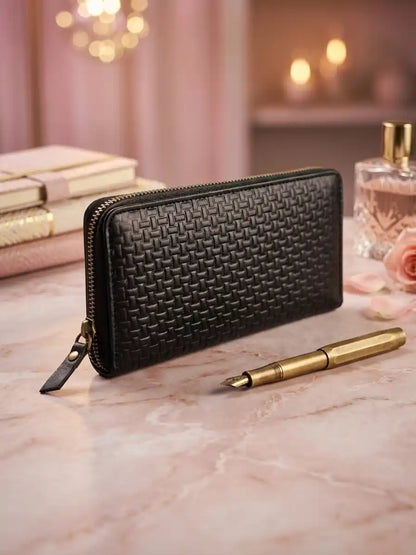 Women's Black Woven Leather Zip Wallet – Handcrafted in Pakistan