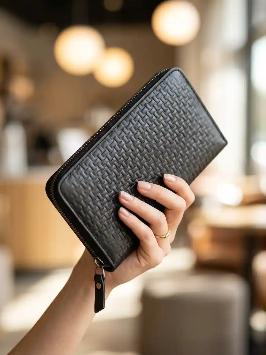 Women's Black Woven Leather Zip Wallet – Handcrafted in Pakistan