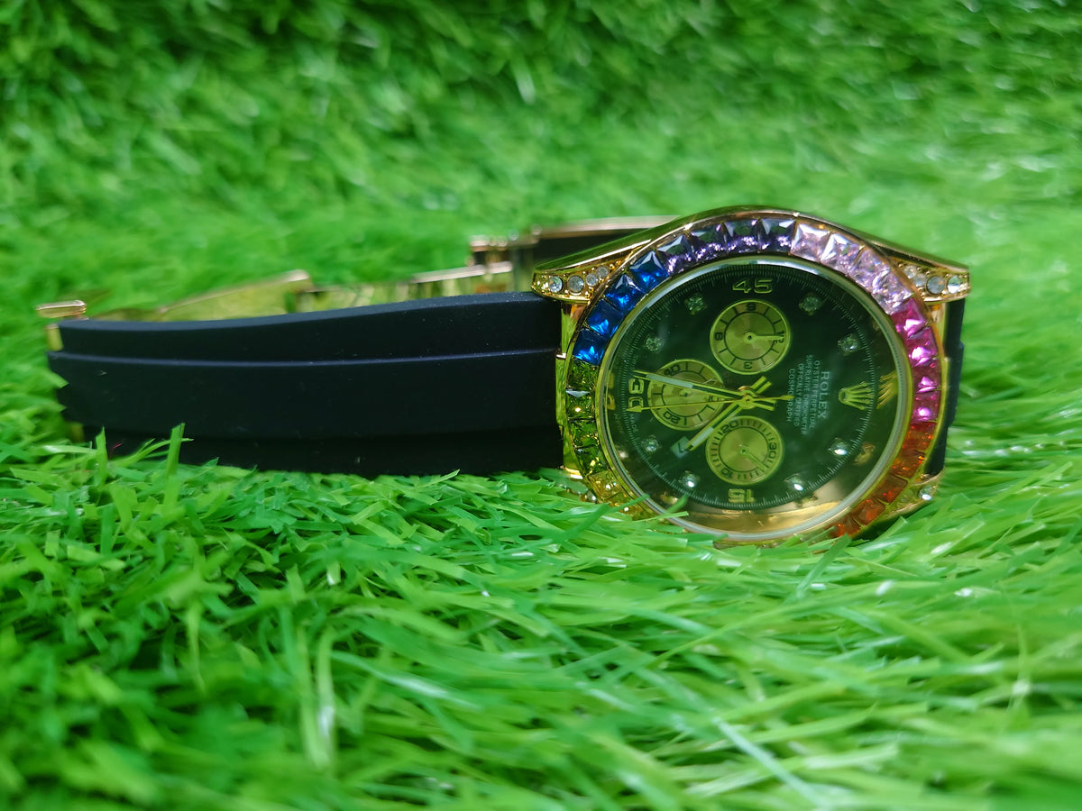Men’s Rainbow Bezel Gold Chronograph Watch