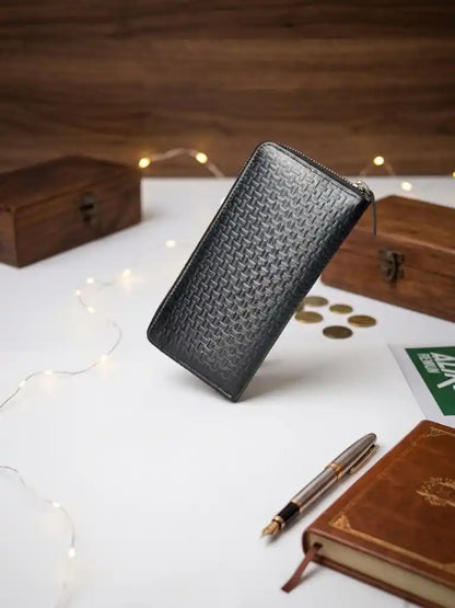 Women's Black Woven Leather Zip Wallet – Handcrafted in Pakistan