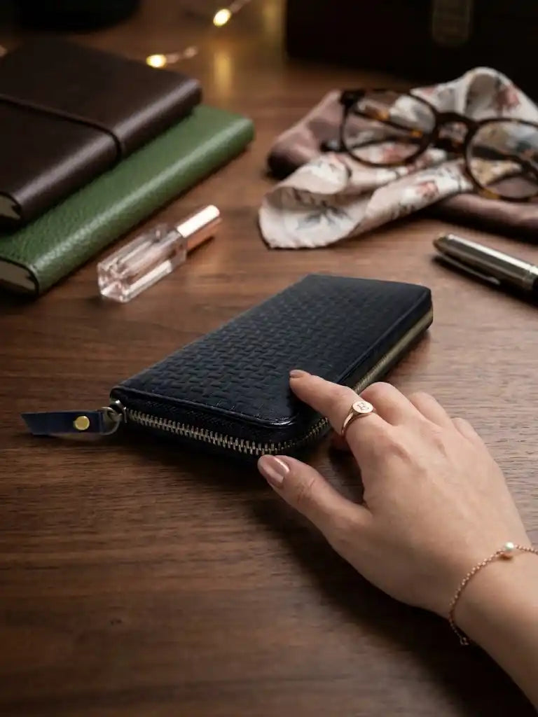 Women's Black Woven Leather Zip Wallet – Handcrafted in Pakistan