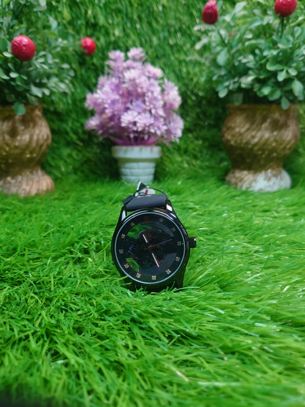 Men’s Skeleton Dial Watch Silver Case Rubber Strap