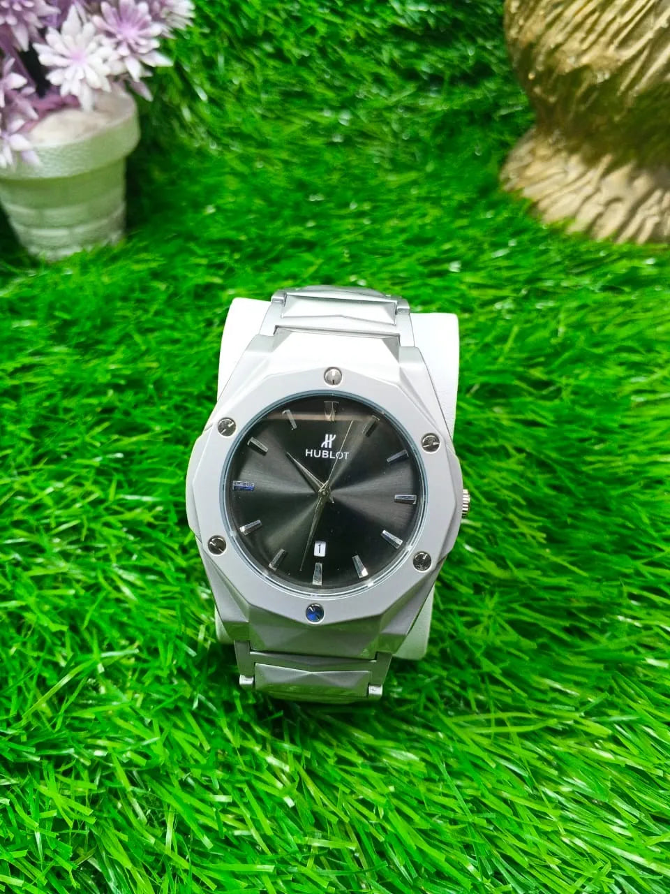 Men’s Diamond Cut Octagon Bezel Stainless Steel Watch