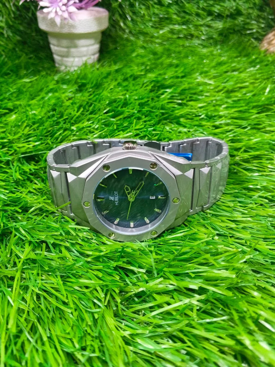 Men’s Diamond Cut Octagon Bezel Stainless Steel Watch