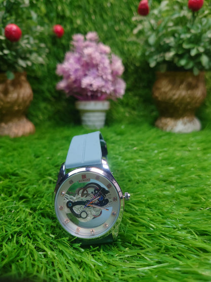 Men’s Skeleton Dial Watch Silver Case Rubber Strap