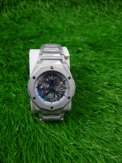 Men’s Diamond Cut Octagon Bezel Stainless Steel Watch