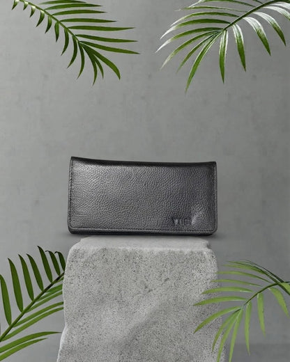 Women's Black Leather Long Wallet with Button Closure