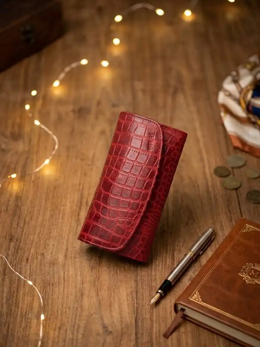 Red Crocodile Textured Genuine Leather Wallet