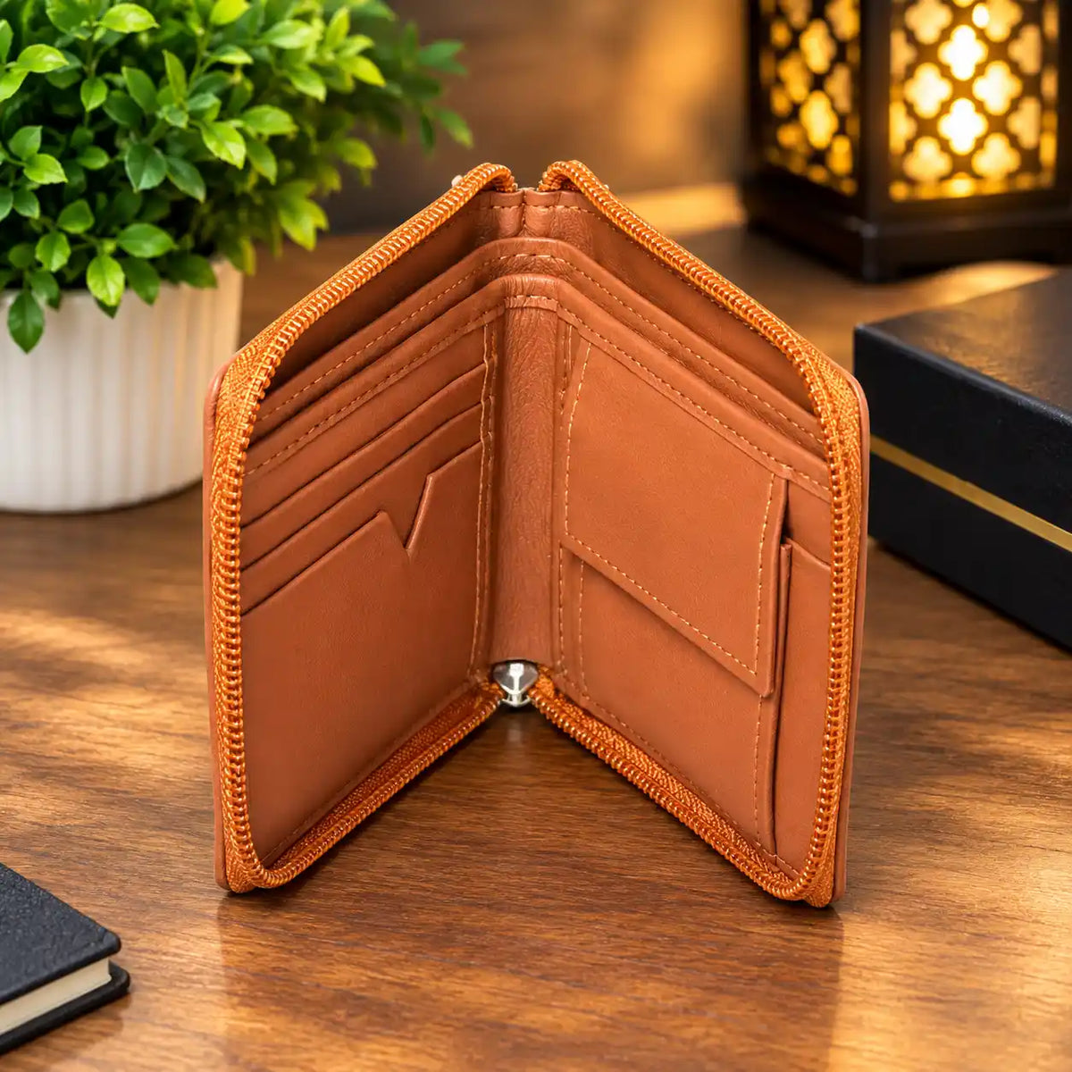Men's Tan Leather Zipper Wallet
