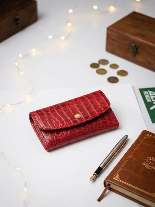 Red Crocodile Textured Genuine Leather Wallet