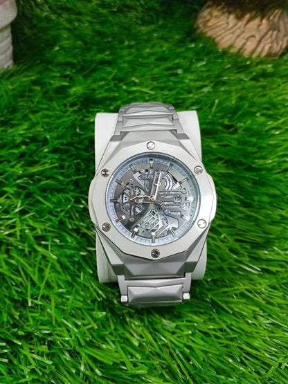 Men’s Diamond Cut Octagon Bezel Stainless Steel Watch