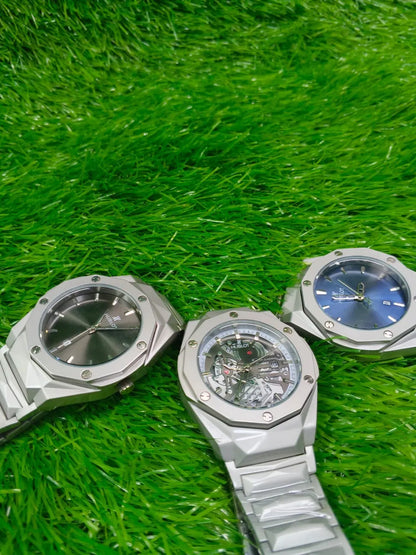 Men’s Diamond Cut Octagon Bezel Stainless Steel Watch