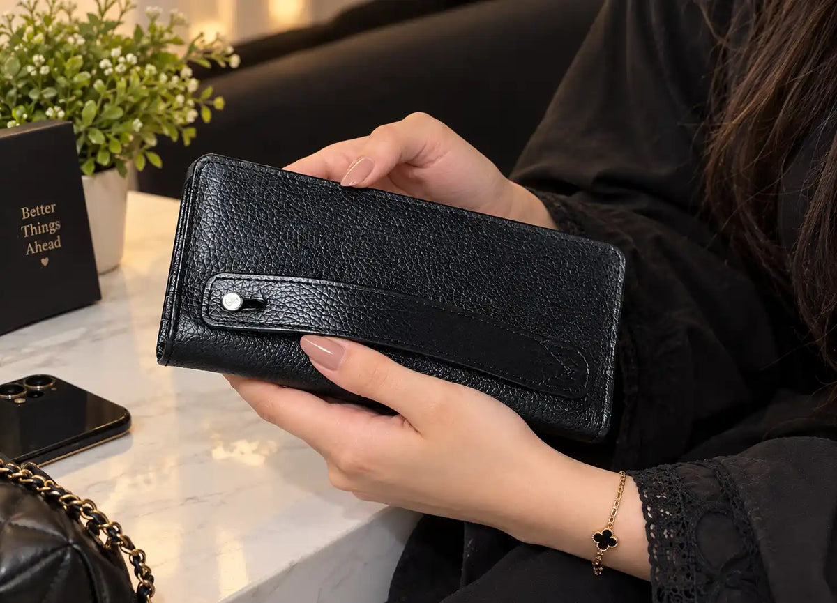 Women's Black Leather Long Wallet with Button Closure