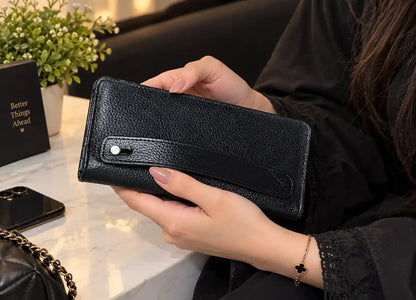 Women's Black Leather Long Wallet with Button Closure