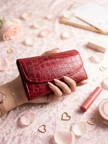 Red Crocodile Textured Genuine Leather Wallet