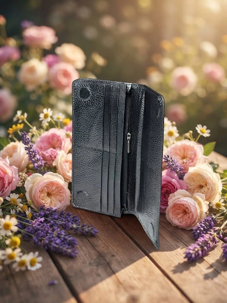 Women's Black Leather Long Wallet with Button Closure