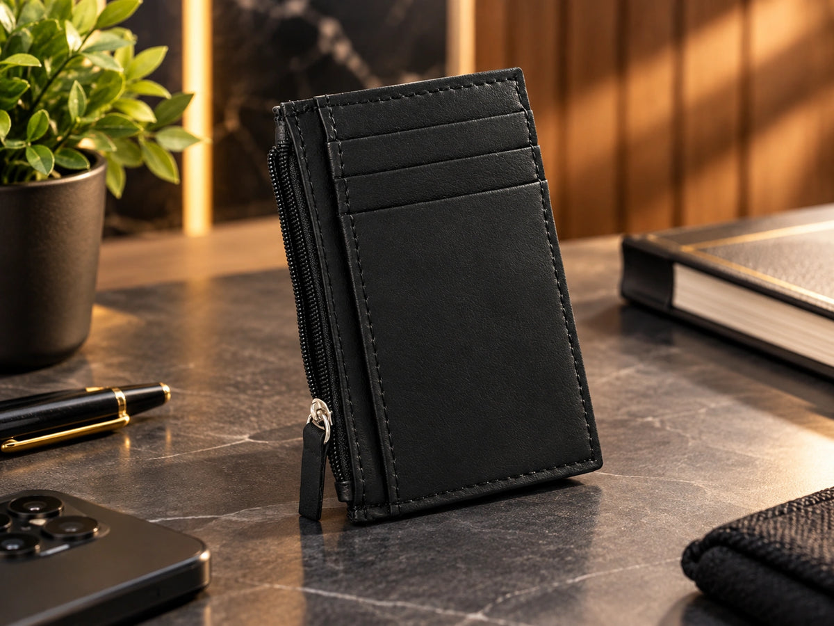 Black Leather Zipper Card Holder Wallet for Men | Slim & Compact | RB Store